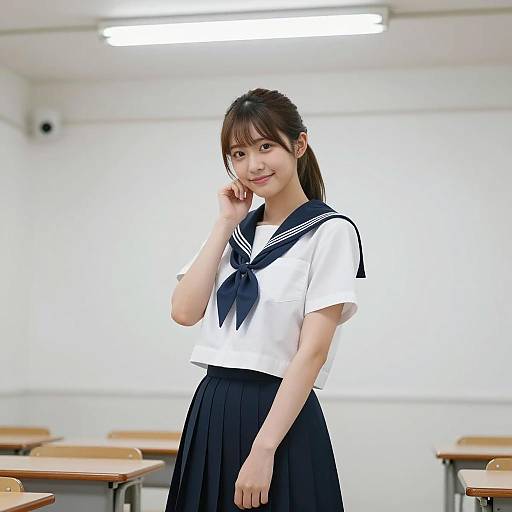 Smiling Asian Woman in Sailor Uniform