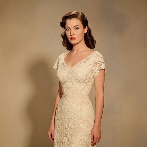 Photograph of a fair-skinned woman with wavy brown hair in a vintage-style, white lace, V-neck dress, standing against a beige backdrop