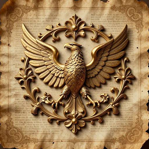 Golden eagle with outstretched wings, centered in ornate circular floral frame, on aged, parchment-like background with intricate scrollwork and text. Digital
