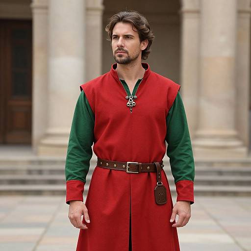 Photograph of a handsome man with dark hair and beard, wearing a red and green medieval-style tunic, brown belt, and pendant, standing in