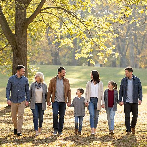 Photograph of a diverse family of six holding hands, walking in a sunlit autumn park with yellow leaves and a large tree.