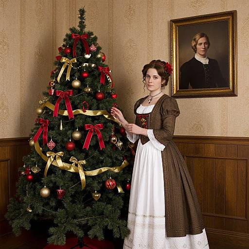 Photograph: Victorian woman in brown dress with white apron, decorating a Christmas tree with red and gold ribbons, framed portrait behind.