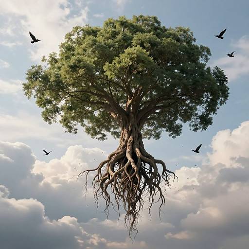Photorealistic digital image of a massive tree with sprawling roots, floating in a bright blue sky with scattered clouds and flying black birds.