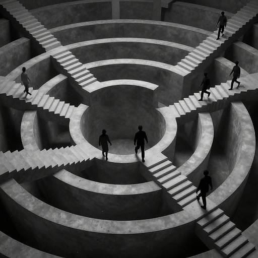Black-and-white photograph of silhouetted people navigating a circular, multi-tiered staircase maze, with bright white lights illuminating the paths.