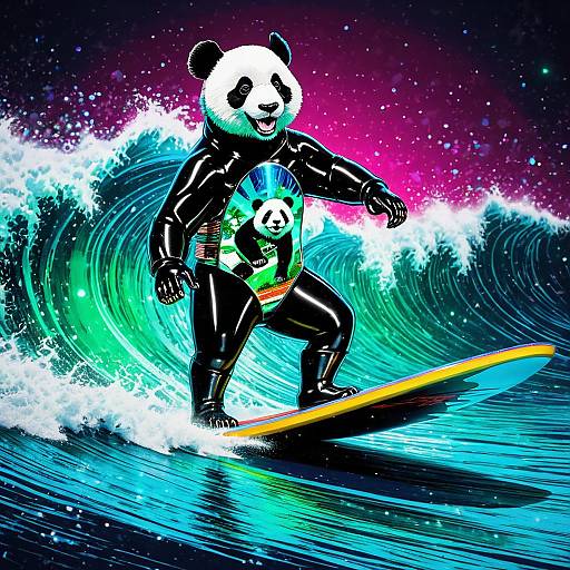 Neon Chrome Panda Surfing Statue