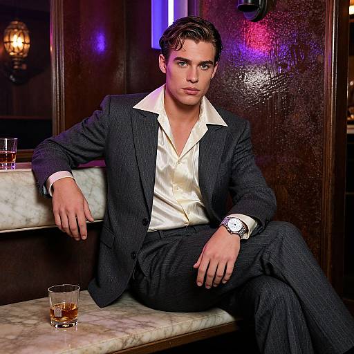 Photograph of a handsome young man with dark hair, wearing a pinstripe suit and white shirt, sitting in a dimly lit bar, with