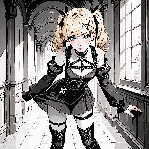 Digital anime-style drawing of a blonde girl with blue eyes, black gothic Lolita outfit, thigh-high boots, and hair ribbons, leaning forward