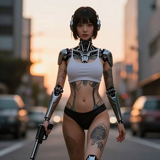 Cyborg woman with black hair, white crop top, black panties, cybernetic arms, tattoos, holding gun, city street background at sunset.