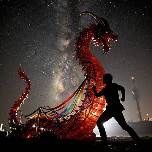 Photograph of a silhouetted runner beside a glowing red, intricately designed dragon against a starry night sky and bright light source.