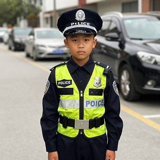 Photograph of a young boy in a police uniform, neon yellow vest, black shirt, and hat, standing on a street with parked cars in the