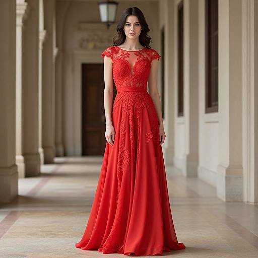 Photograph of a woman with dark hair in a red, lace, sleeveless gown standing in a sunlit, colonnaded hallway.