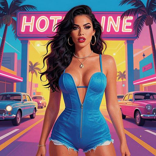 Digital art of a curvy woman with long black hair, wearing a blue zip-up romper, standing in front of a neon 