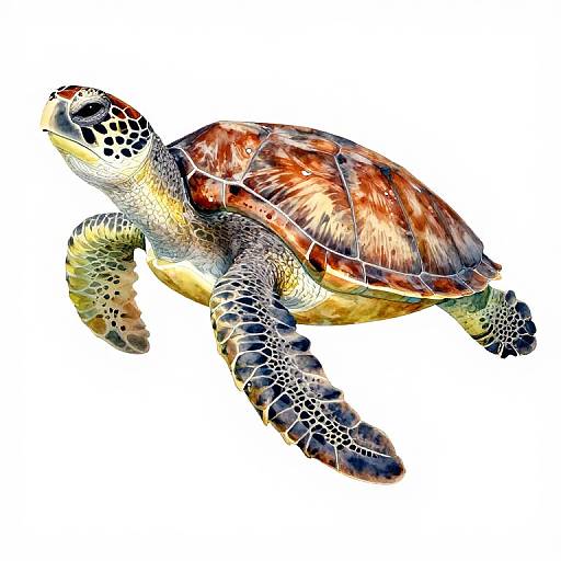 Vibrant digital illustration of a sea turtle with detailed, textured shell and flippers, swimming against a white background.