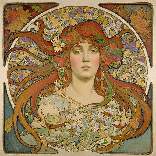 Digital illustration of a fair-skinned woman with flowing, red-orange hair adorned with flowers, set against a circular, colorful leafy background. Art Nou