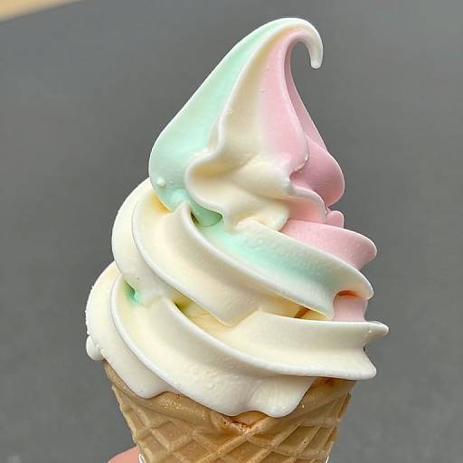 Close-up photograph of a pastel-colored swirled ice cream cone with hues of pink, blue, and white, set against a dark gray background
