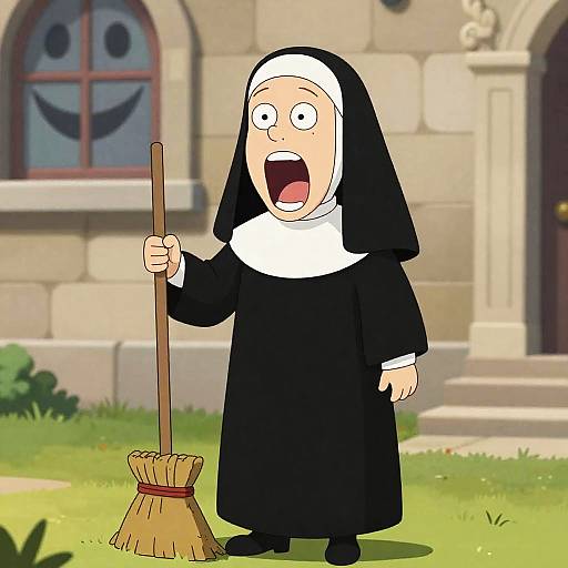 Exaggerated Cartoon Nun with Broom