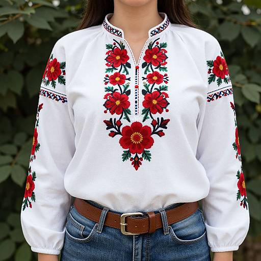 Photograph of a woman wearing a white, long-sleeve, floral embroidered blouse with red flowers and black trim, paired with blue jeans and a