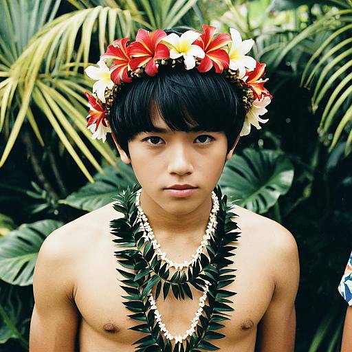 Boy Wearing Traditional Hawaiian Lei and Flower Crown
