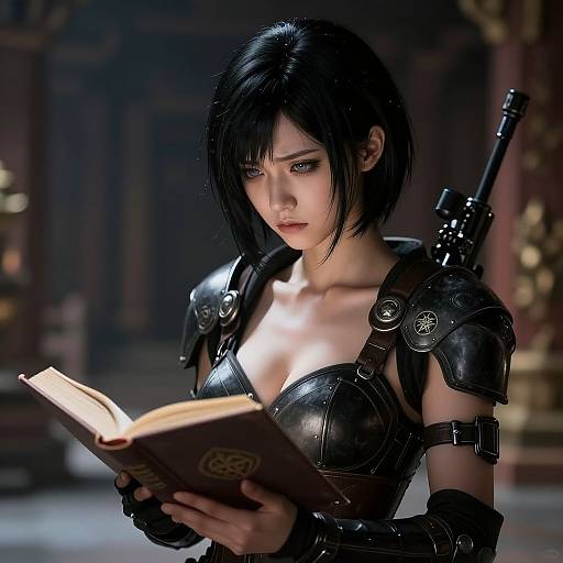 CGI image of an intense, black-haired woman in dark, armored attire, reading an old book in a dimly lit, ornate room.
