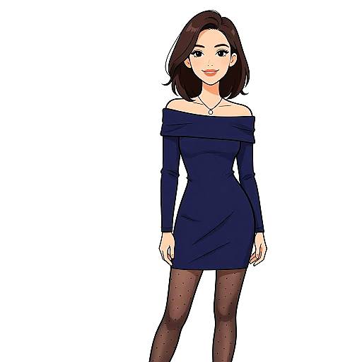 Digital drawing of a smiling woman with fair skin and dark brown hair, wearing an off-shoulder navy blue dress and black polka dot tights