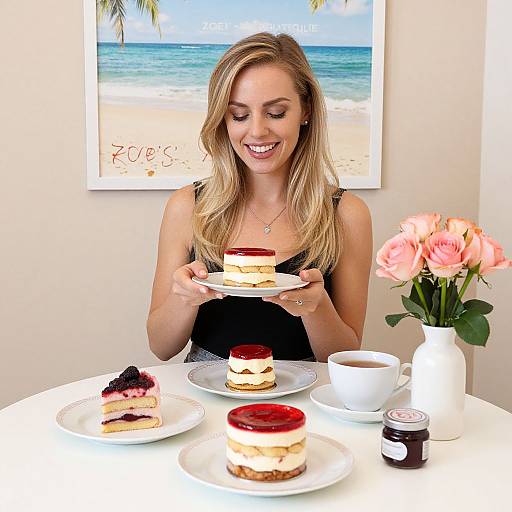 Blonde woman with long hair, black dress, smiles at cake with red jam, sitting at white table with flowers and coffee. Beach photo background.