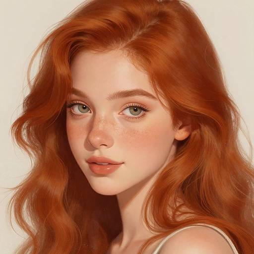 Digital portrait of a fair-skinned, freckled young woman with long, wavy red hair, green eyes, and subtle smile against a white