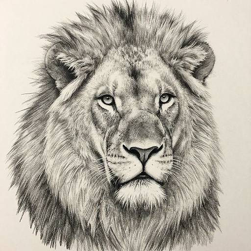 Detailed black-and-white pencil drawing of a majestic male lion with a full mane, intense eyes, and realistic texture, centered on a white background.