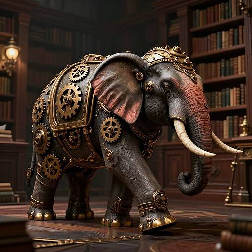 Digital artwork of a steampunk elephant with brass gears and cogs, standing in a dimly lit, wooden library. The elephant's dark gray