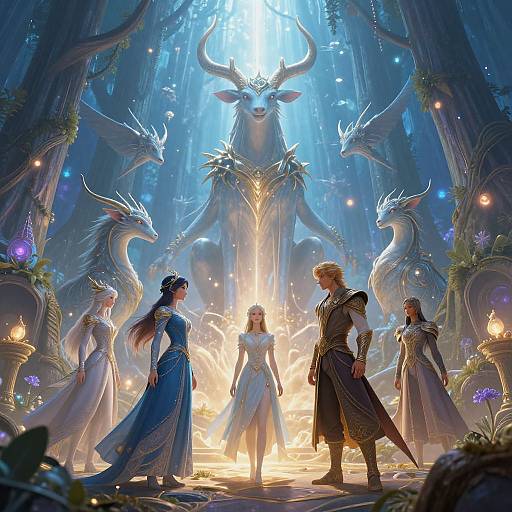 Fantasy artwork of five regal figures in elaborate dresses and a knight, surrounded by ethereal dragon creatures, under glowing blue light in a majestic,