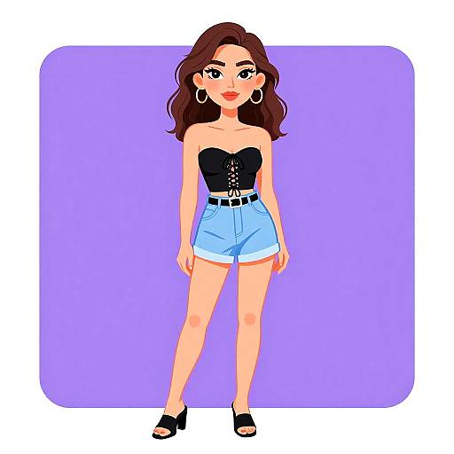 Digital illustration of a stylish woman with long brown hair, wearing a black strapless top, light blue high-waisted shorts, black belt, and