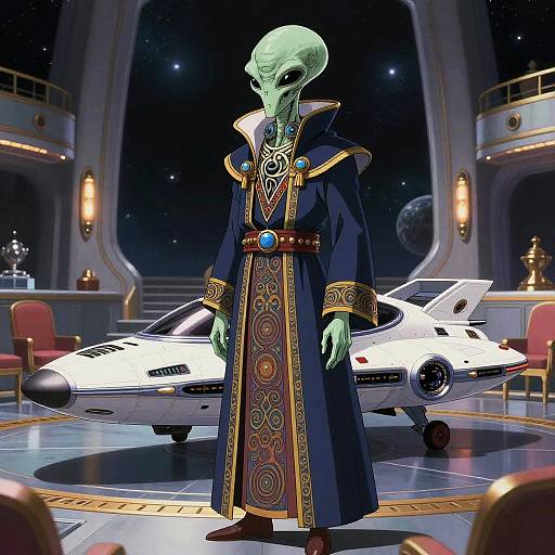 Alien in ornate, dark blue robe with intricate patterns, standing in futuristic spaceship hangar with jet and starry background. Digital art.