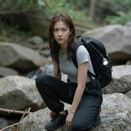 Intense Adventurer in Lush Forest