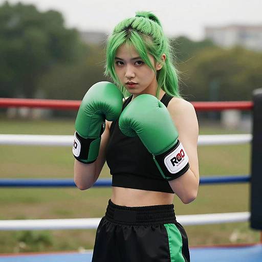 Confident Green-Haired Female Boxer