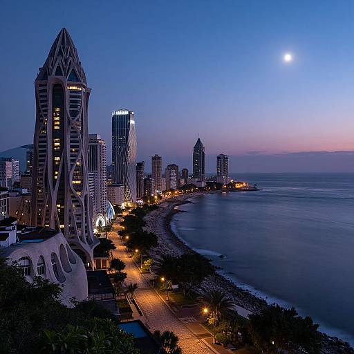 Photograph of a coastal city at twilight, featuring illuminated skyscrapers, a crescent moon, and a glowing waterfront promenade with trees.