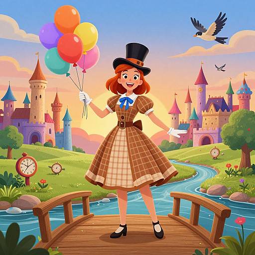 Colorful cartoon of a red-haired girl in a plaid dress and top hat, holding balloons, standing on a wooden bridge with a fairy-tale