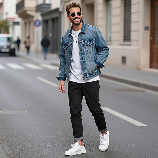 Man in Denim Jacket Walking on Street
