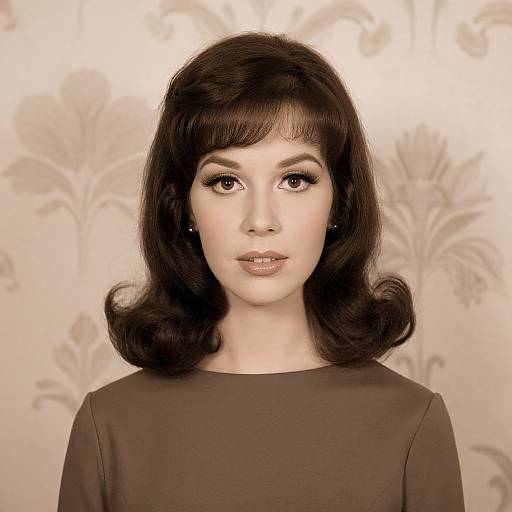 Digital portrait of a fair-skinned woman with dark brown, wavy hair, brown eyes, and subtle makeup, wearing a brown top, against a