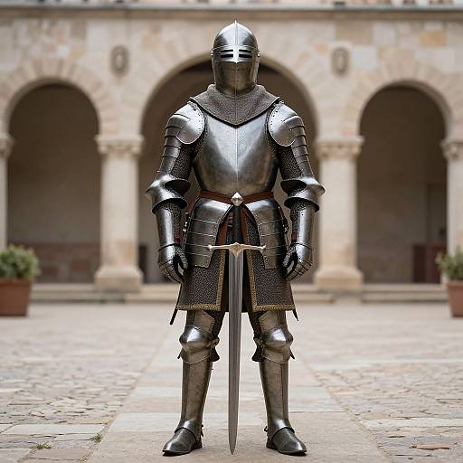 Photograph of a full-armored knight in shiny steel armor, standing with a sword, in front of a stone arched courtyard.