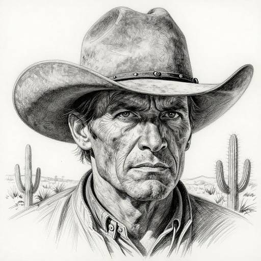 Monochrome pencil drawing of a serious, rugged-faced man in a wide-brimmed cowboy hat, set against a cactus-filled desert background.