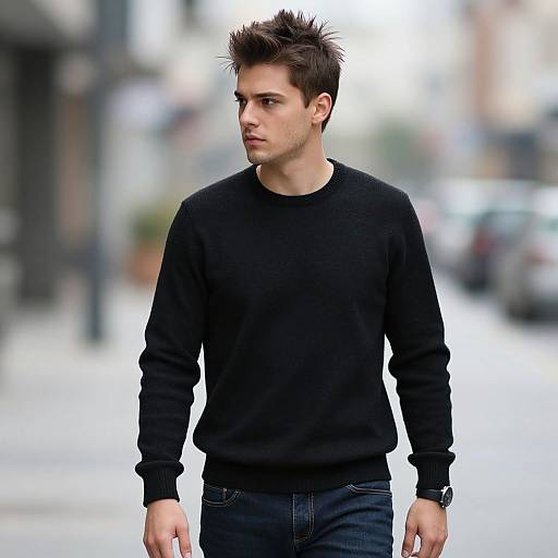 Photograph of a young Caucasian man with spiked brown hair, wearing a black sweater and blue jeans, walking on a blurred urban street.