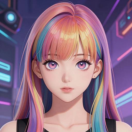 Digital anime-style portrait of a young woman with long, rainbow-colored hair, large purple eyes, and fair skin, set against a neon-lit futuristic