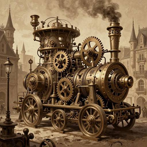 Sepia-toned digital art of an intricate, steam-powered, gear-driven locomotive with large wheels and smokestack, set against a Victorian-style city