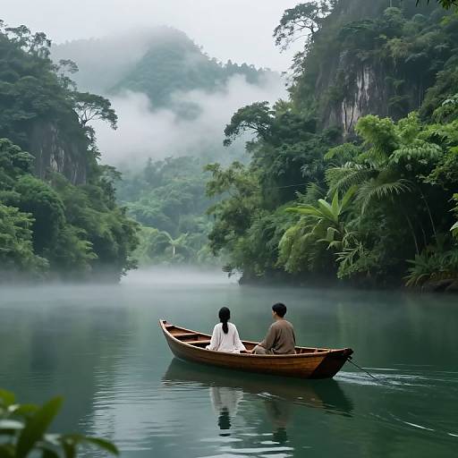 Photograph of a serene, misty jungle river with a wooden boat carrying a woman in white and a man in brown, surrounded by lush, green