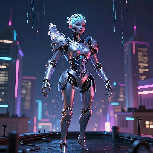 Photorealistic CGI of a shiny, metallic female robot with glowing blue and pink accents, standing in a futuristic cityscape at night.
