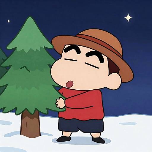 Cartoon Character in Winter Wonderland Scene