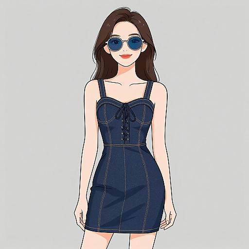 Digital illustration of a fair-skinned woman with long brown hair, wearing a navy blue, strapless, button-up dress and round blue sunglasses, standing
