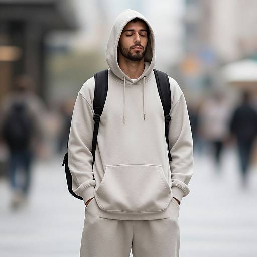 Photograph of a bearded man with closed eyes, wearing a white hooded sweatshirt and pants, black backpack, standing in a blurred urban street