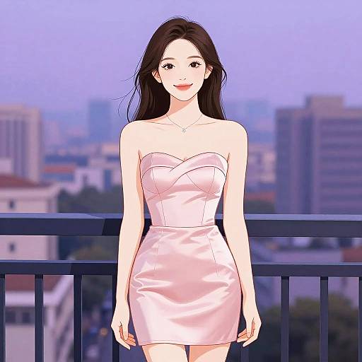 Digital anime-style drawing of a smiling Asian woman with long black hair, wearing a strapless pink satin dress, standing on a balcony with a cityscape