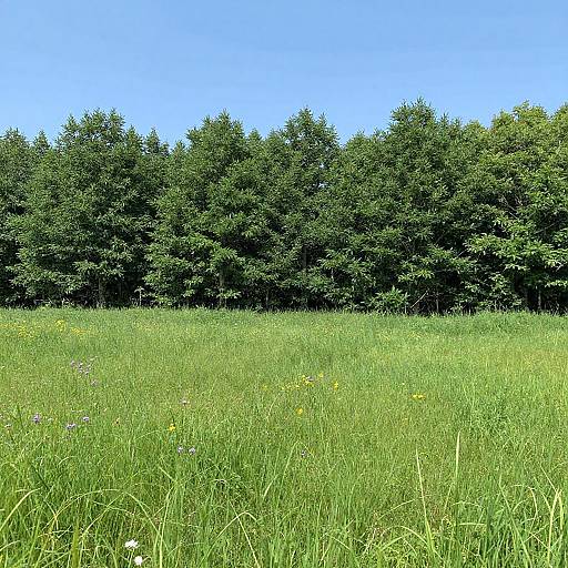 Photograph of a lush, green meadow with wildflowers and tall grasses, leading to a dense forest of dark green trees under a clear blue