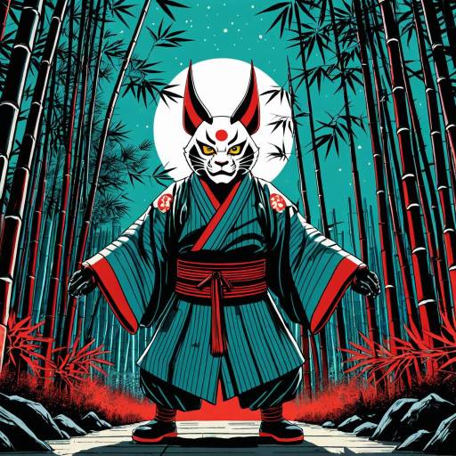Ukiyo-e Style Oniyō Mascot in Neon Bamboo Grove